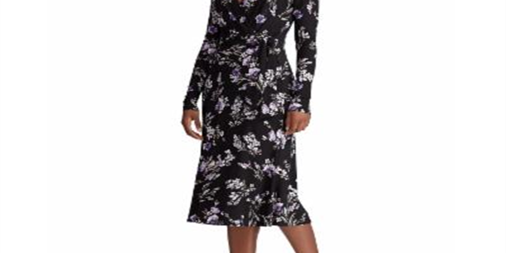 Vestido envelope feminino Ralph Lauren Coreen com decote em V floral, preto, tamanho 10