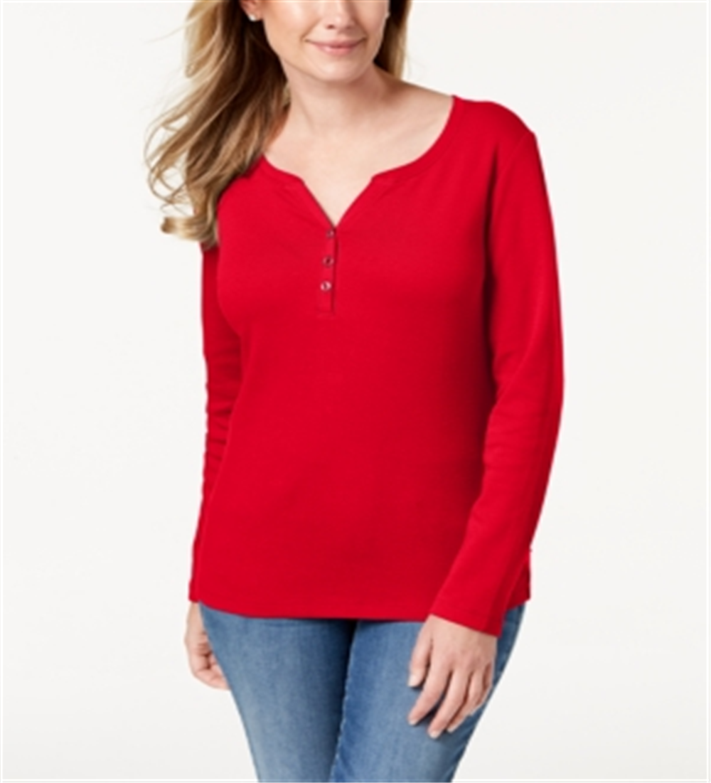 Karen Scott Blusa Feminina de Algodão com Gola Henley Vermelha Tamanho Pequeno M