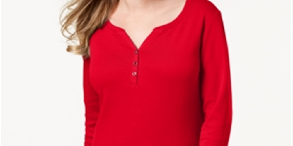Karen Scott Blusa Feminina de Algodão com Gola Henley Vermelha Tamanho Pequeno M