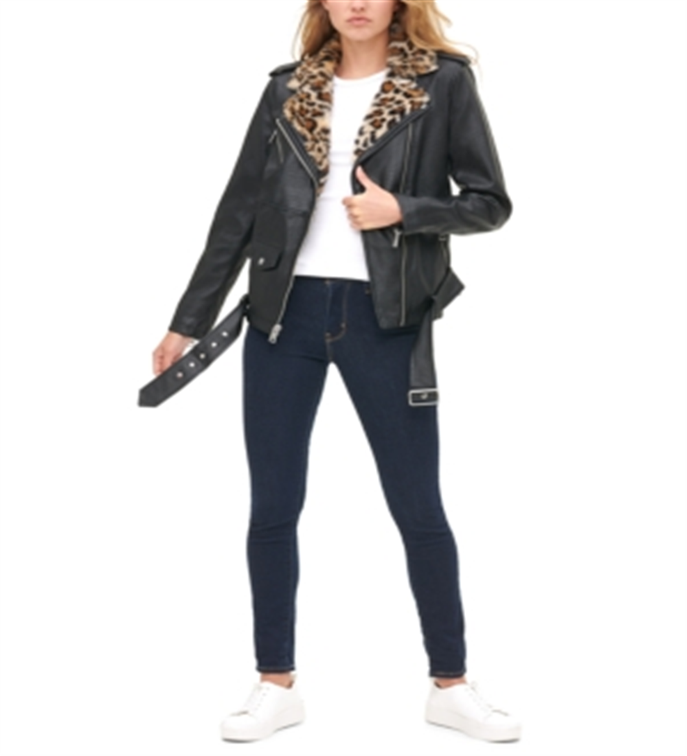 Jaqueta Levi's Feminina Moto Oversized de Couro Sintético com Lapelas Forradas de Pele Sintética, Preta, Tamanho X-G