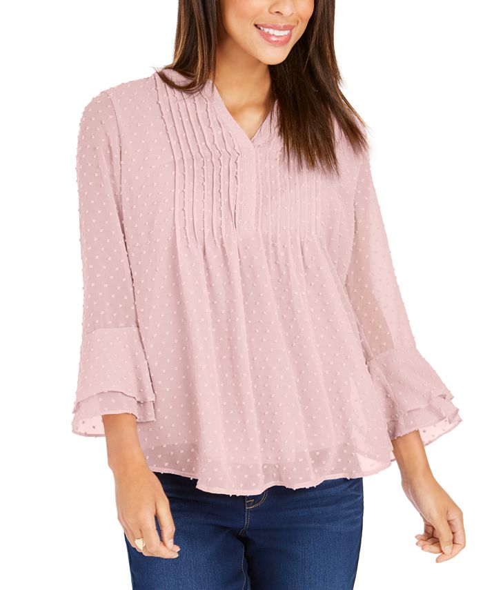 Charter Club Petite Double-Ruffle Textured Pintuck Top Rosa Tamanho PL