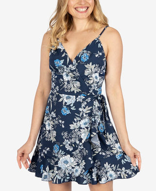 Speechless Junior's Floral Faux Wrap Dress Navy Size 2XS