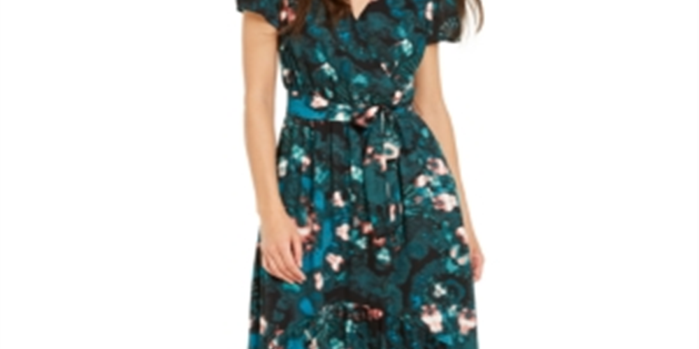 Vestido longo estampado feminino INC International Concepts, manga curta, decote em V, tamanho 4, verde
