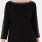Karen Scott Top feminino de algodão com tachas e gola boá, preto, tamanho pequeno, extragrande