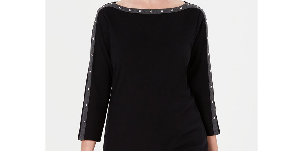 Karen Scott Top feminino de algodão com tachas e gola boá, preto, tamanho pequeno, extragrande
