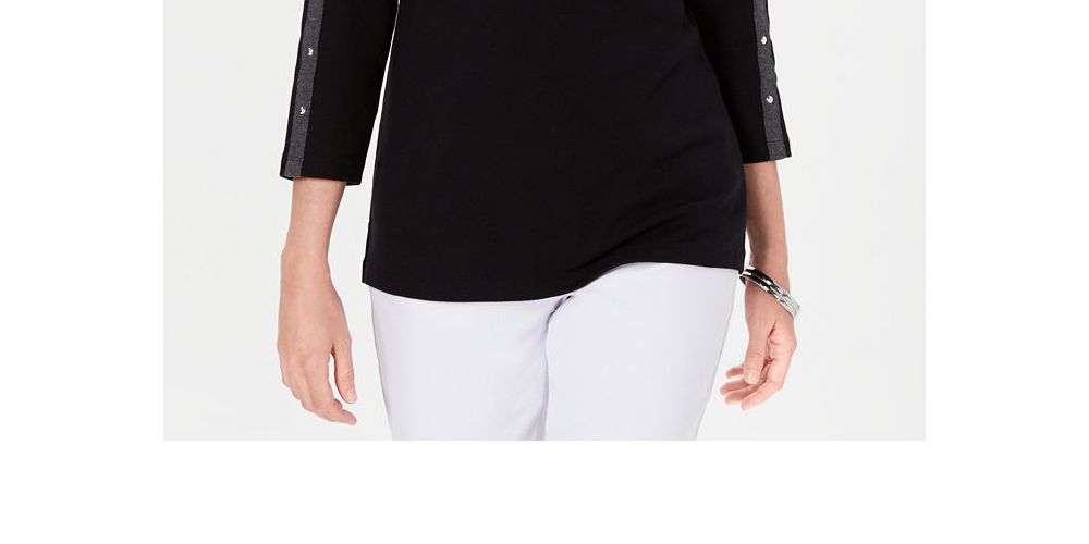 Karen Scott Top feminino de algodão com tachas e gola boá, preto, tamanho pequeno, extragrande
