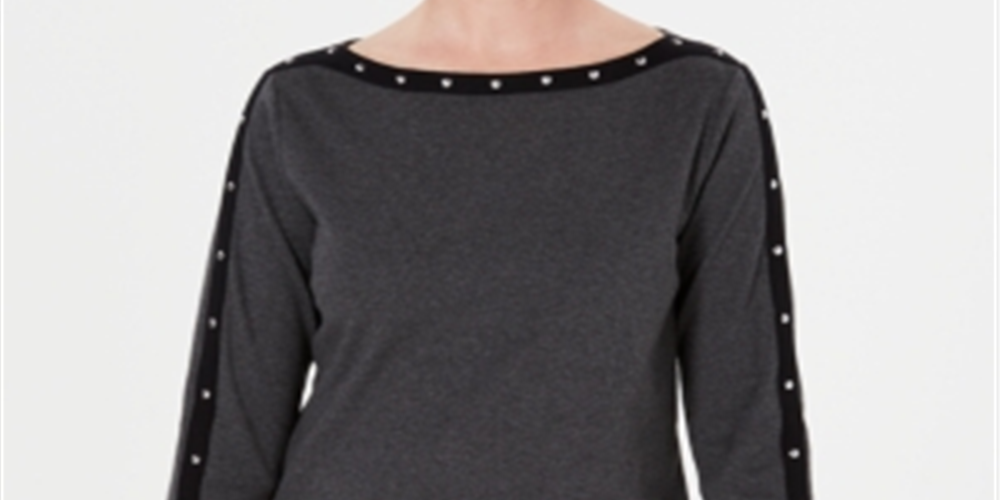 Karen Scott Top feminino de algodão com tachas e gola boá, preto, tamanho pequeno, extragrande