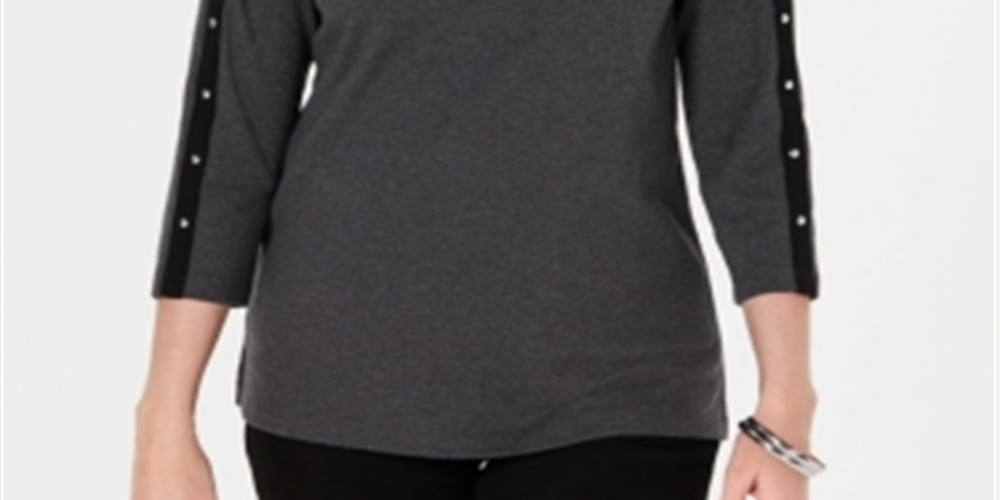 Karen Scott Top feminino de algodão com tachas e gola boá, preto, tamanho pequeno, extragrande