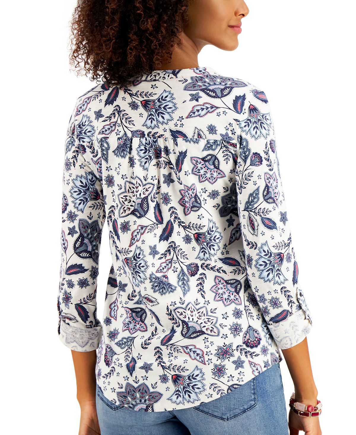 Blusa feminina de algodão estampada com 3/4 botões na frente, tamanho médio, estilo &amp; co