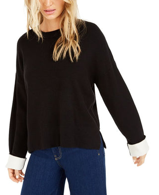 Suéter feminino Bar III de manga comprida e gola redonda, preto, tamanho XX-S