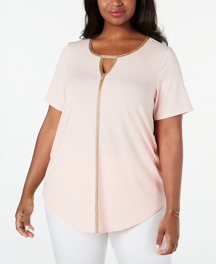 JM Collection Top Feminino Plus com Acabamento Metálico e Decote em Forma de Fechadura Rosa Tamanho 0X