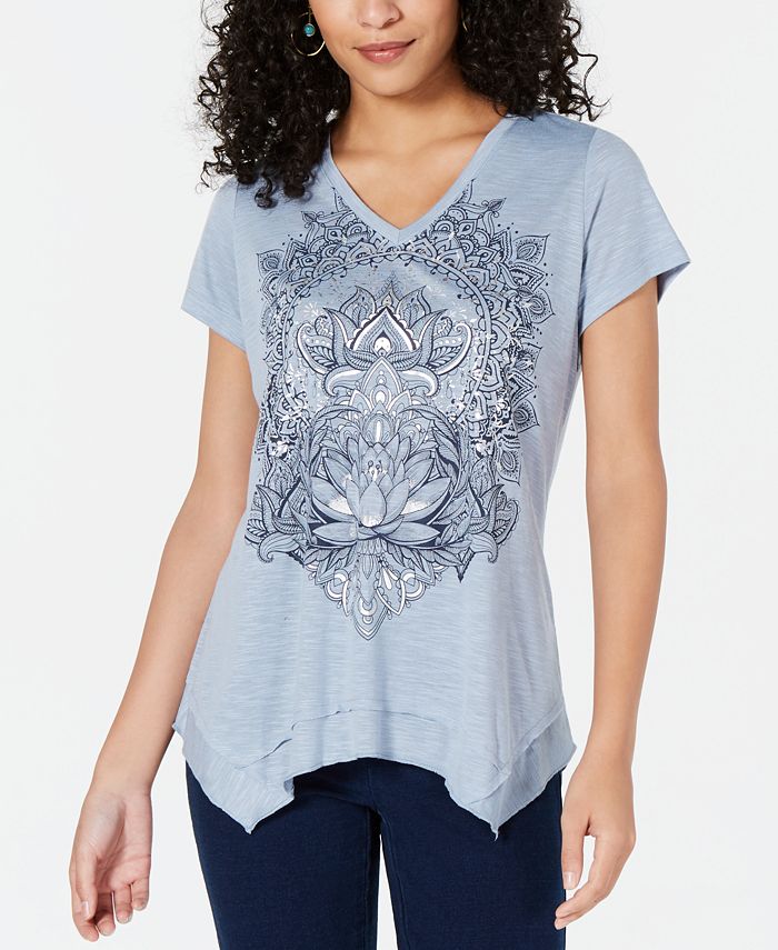 Camiseta feminina com estampa gráfica e bainha de lenço, estilo &amp; co, azul, tamanho pequeno