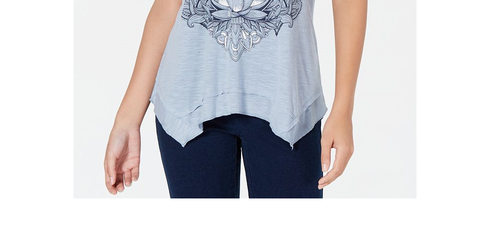 Camiseta feminina com estampa gráfica e bainha de lenço, estilo &amp; co, azul, tamanho pequeno