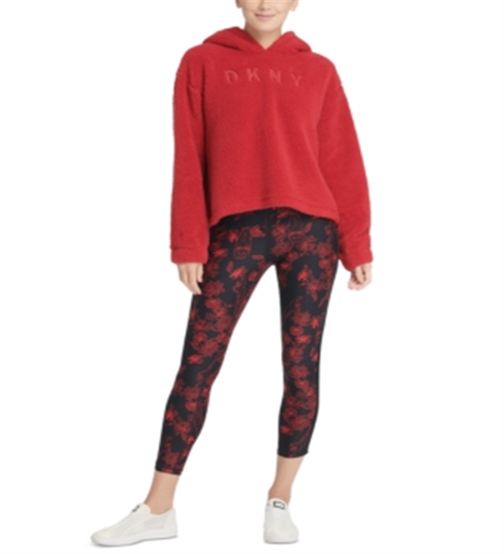 Moletom com capuz feminino DKNY Sherpa Fleece com logotipo, vermelho, tamanho pequeno