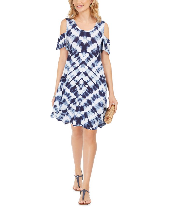 Vestido rodado estilo &amp; co feminino tie-dye com ombros descobertos, azul, tamanho pequeno P