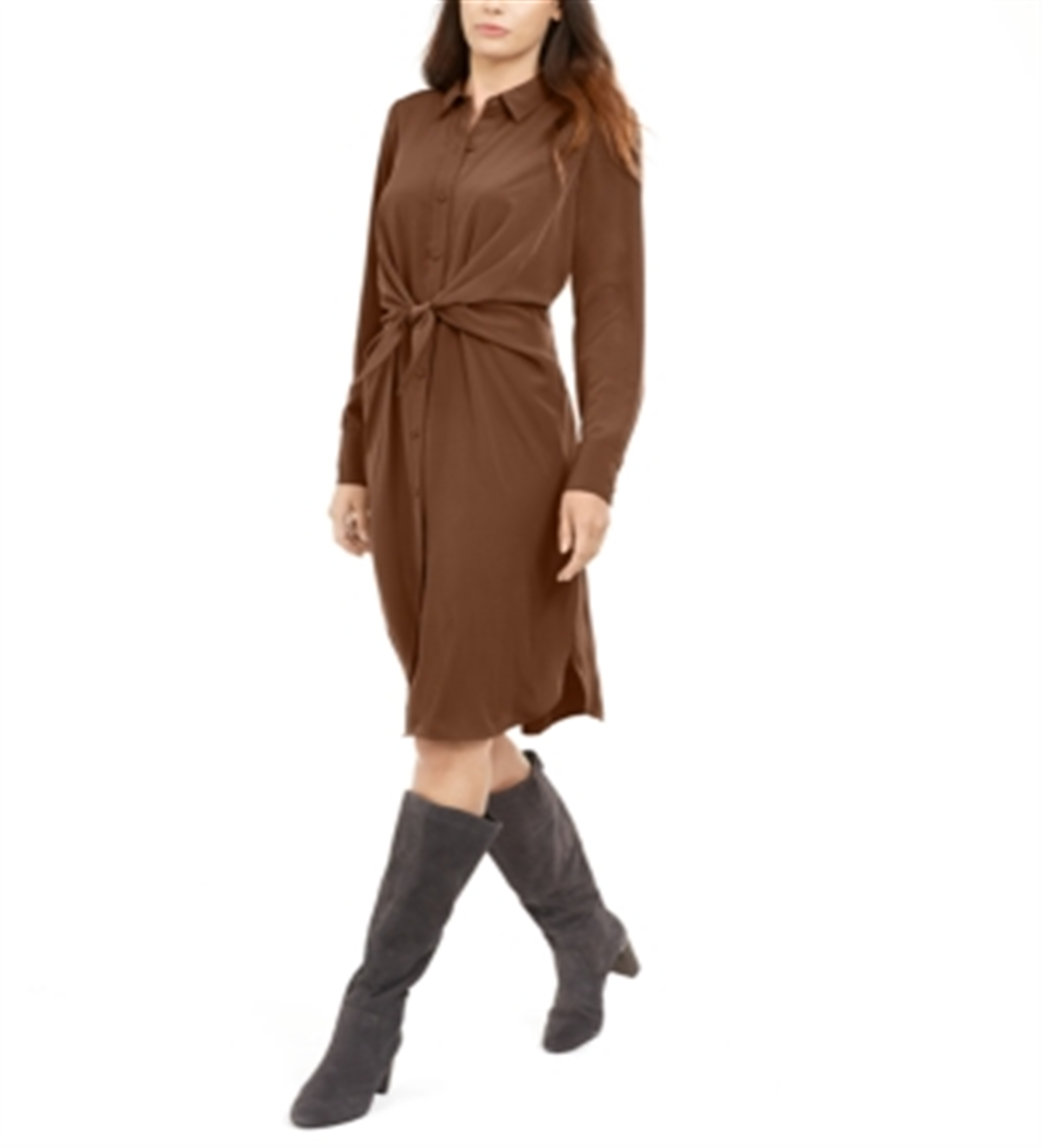 Vestido-camisa feminino Alfani com amarração na cintura e comprimento até o joelho, marrom, tamanho 16