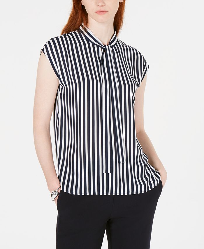 Blusa listrada feminina Bar III com decote em V e amarração, marrom, tamanho P