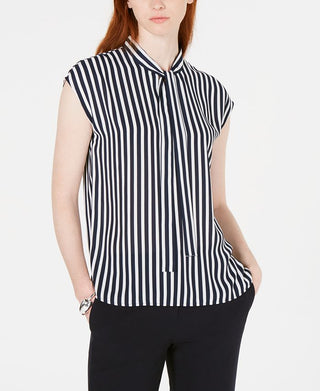 Blusa listrada feminina Bar III com decote em V e amarração, marrom, tamanho P