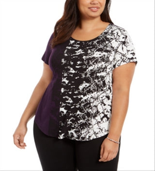 Camiseta feminina Alfani estampada com bainha redonda, roxa, tamanho pequeno GG