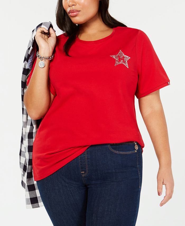 Camiseta feminina Tommy Hilfiger de manga curta e gola redonda, vermelha, tamanho 1X