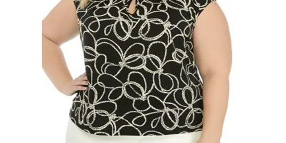 Blusa elástica com estampa de buraco de fechadura e manga curta feminina Kasper - preta, tamanho 3X