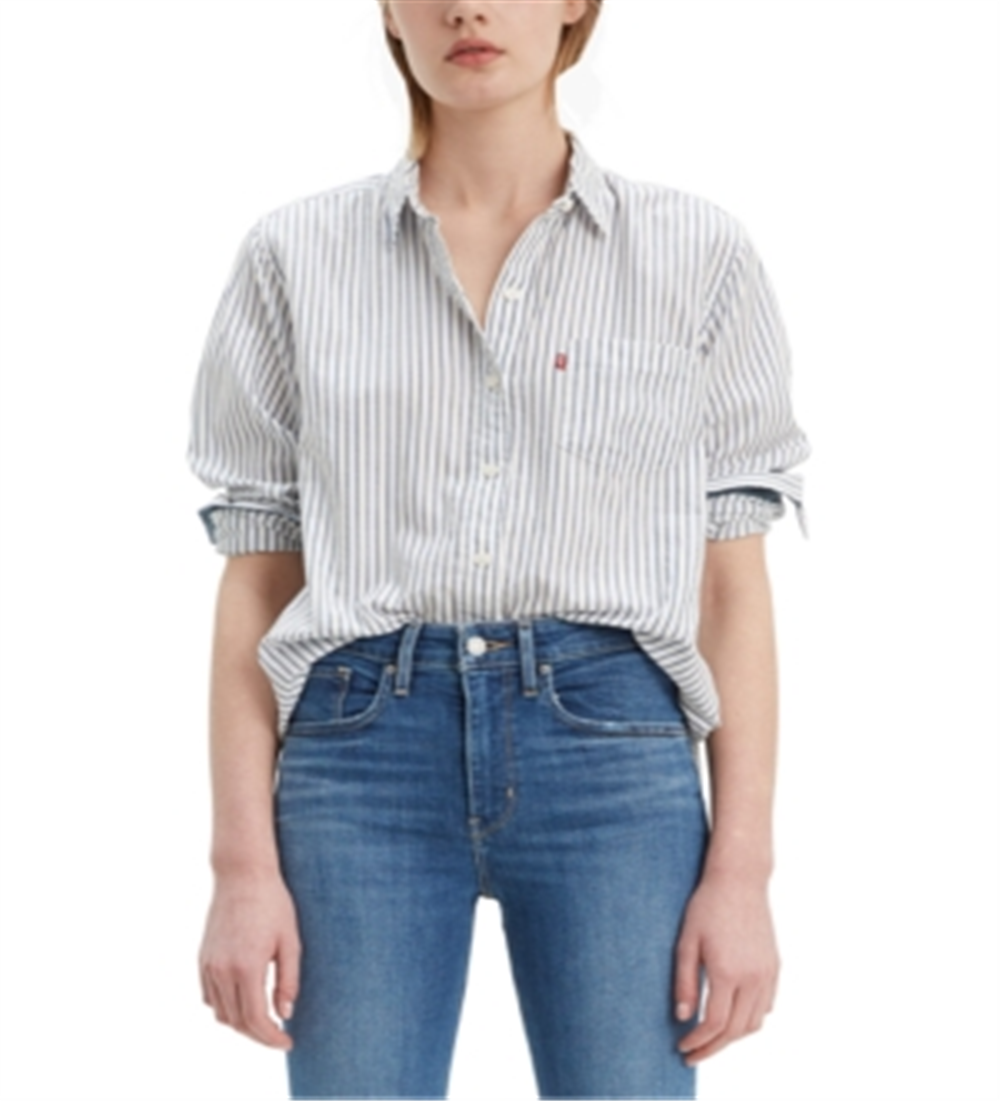 Camisa feminina Levi's listrada de algodão com dois botões, branca, tamanho pequeno