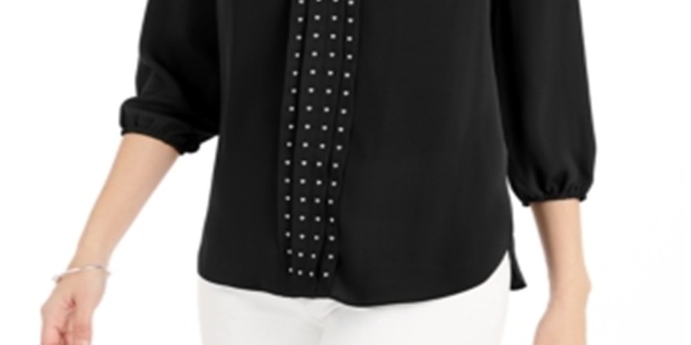 Blusa feminina plissada com tachas e lisa JM Collection, preta, tamanho médio