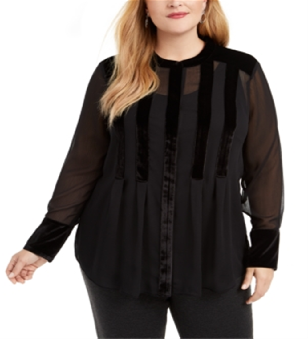 Blusa feminina Alfani de veludo com manga comprida e gola alta, preta, tamanho 0X