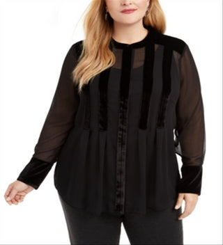 Blusa feminina Alfani de veludo com manga comprida e gola alta, preta, tamanho 0X