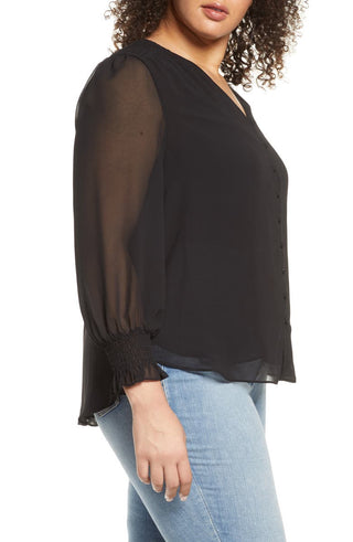 Camisa feminina 1STATE com botões e detalhes franzidos, preta, tamanho 2X