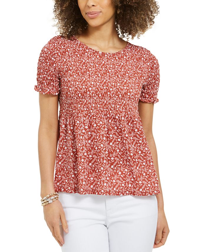 Blusa smocked estampada feminina Style &amp; Co, marrom, tamanho pequeno