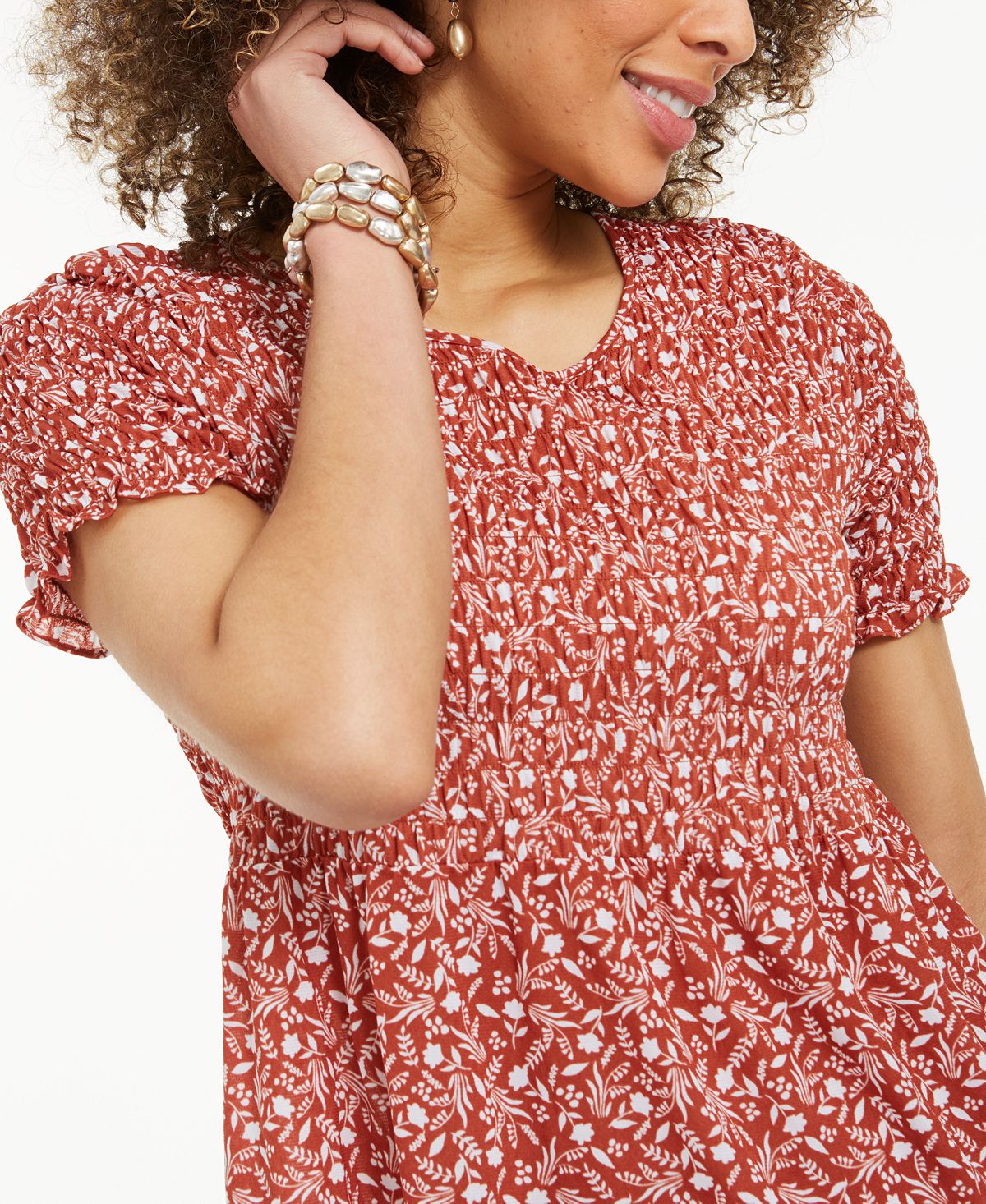 Blusa smocked estampada feminina Style &amp; Co, marrom, tamanho pequeno