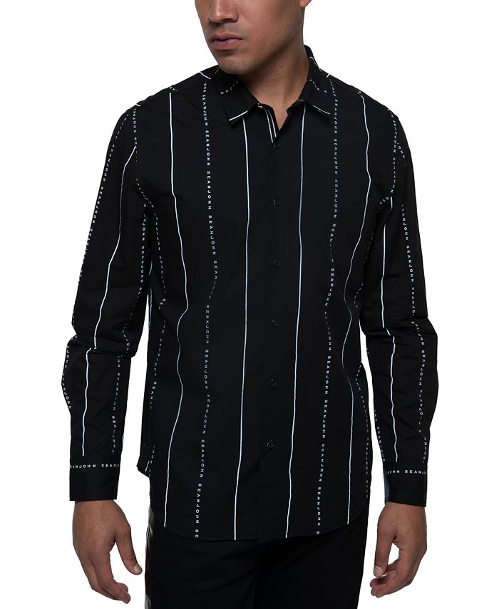 Camisa listrada masculina Sean John com logotipo, preta, tamanho grande