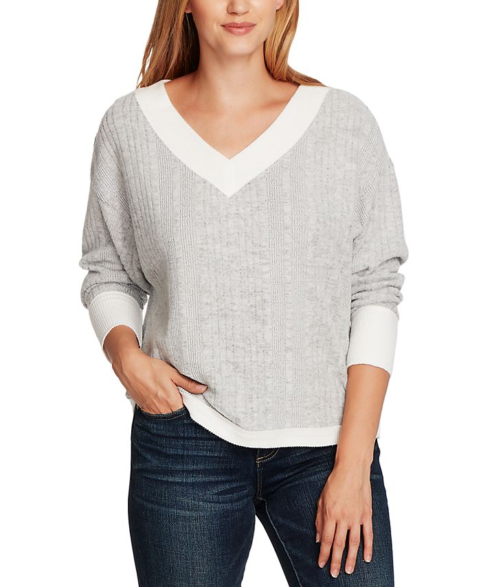 Suéter feminino Vince Camuto com decote em V canelado, branco, tamanho extragrande