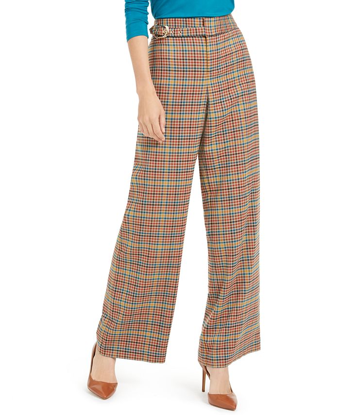 Calça feminina xadrez com cinto e perna larga, verde, tamanho 4, da INC International Concepts