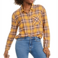 Blusa curta feminina Ultra Flirt com gola xadrez, tamanho médio, amarela