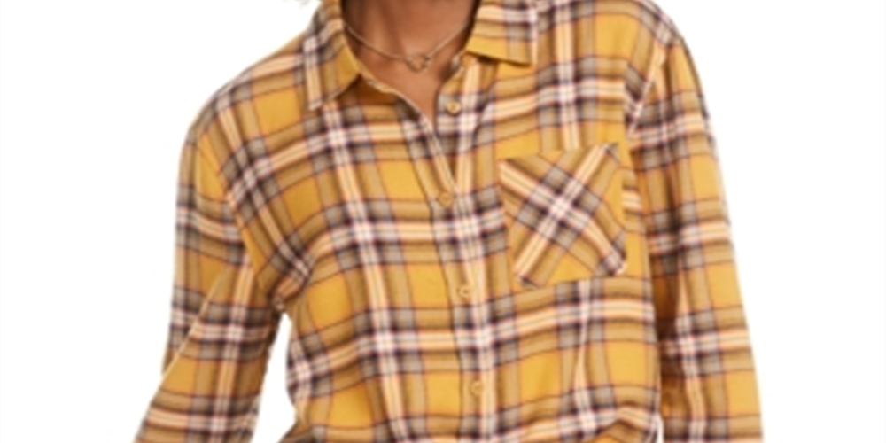 Blusa curta feminina Ultra Flirt com gola xadrez, tamanho médio, amarela