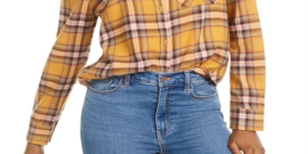 Blusa curta feminina Ultra Flirt com gola xadrez, tamanho médio, amarela