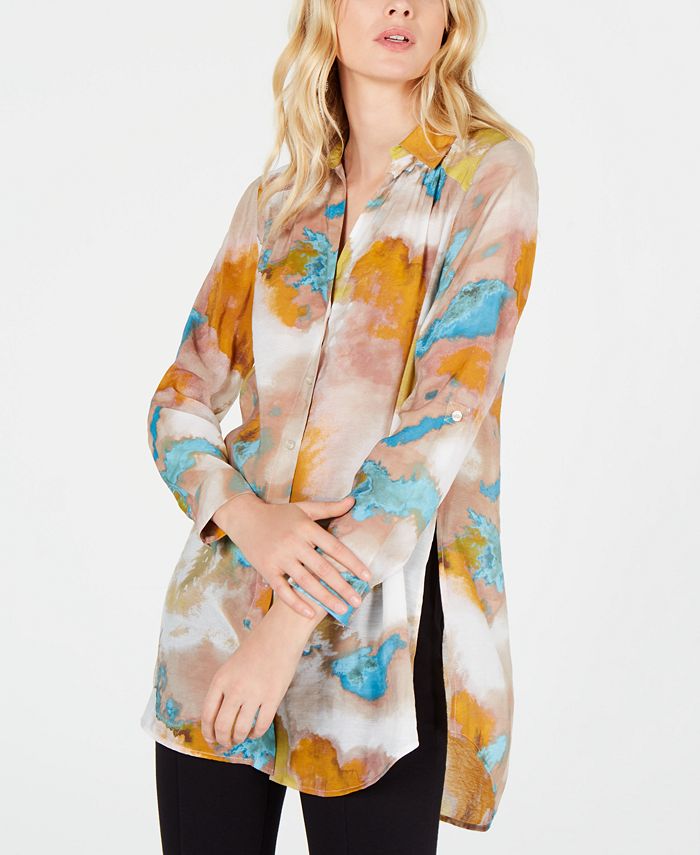 Blusa túnica feminina Petite Watercolor da INC International Concepts, marrom, tamanho Petite S