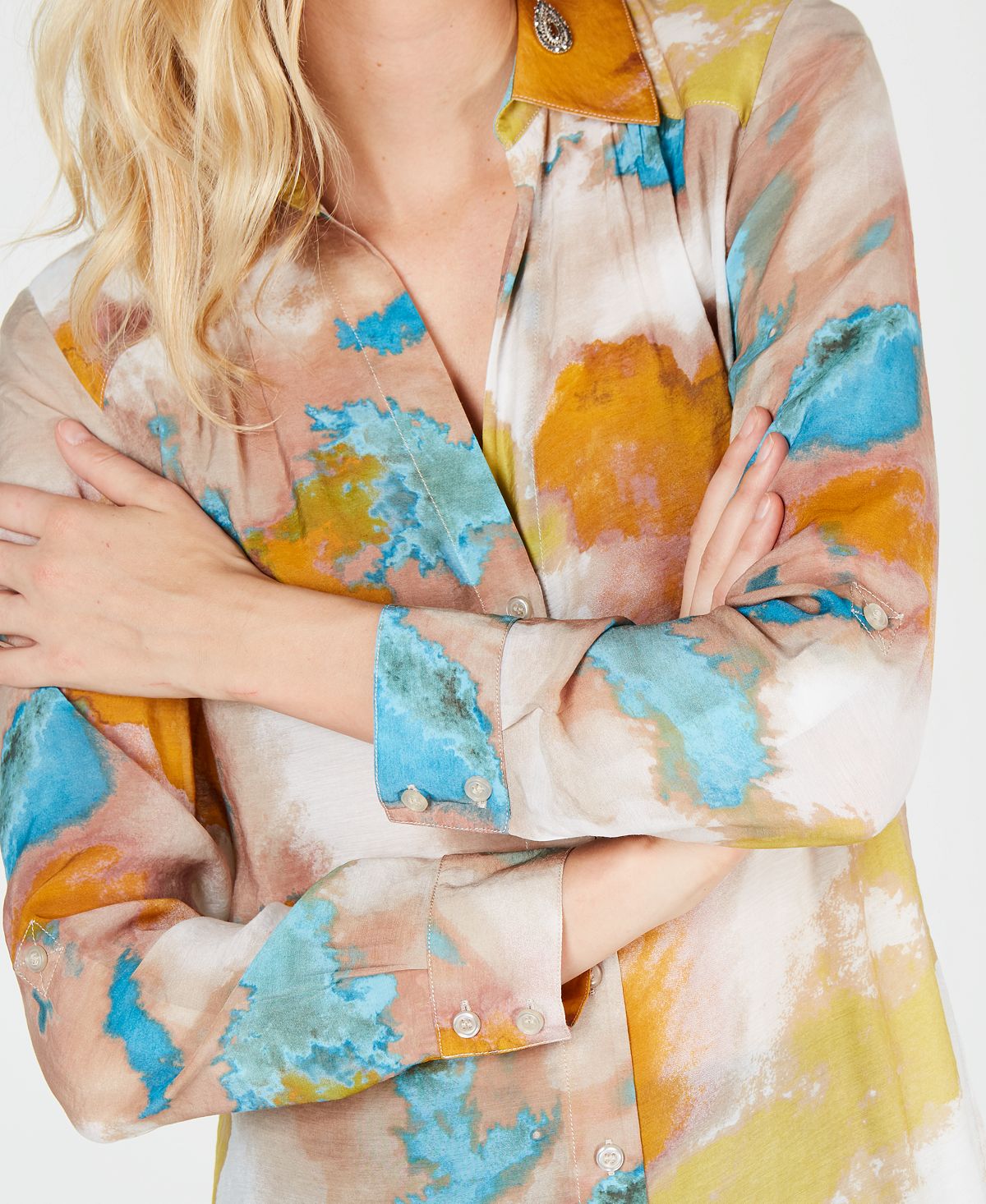 Blusa túnica feminina Petite Watercolor da INC International Concepts, marrom, tamanho Petite S