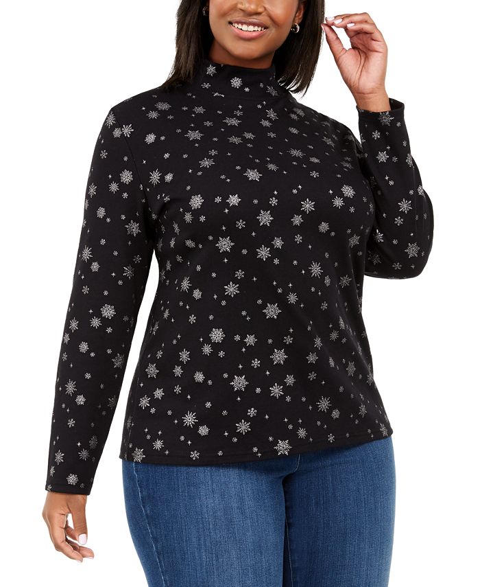 Karen Scott Plus Snowy Glory Estampado Mock Neck Top Feminino Preto Tamanho 0X