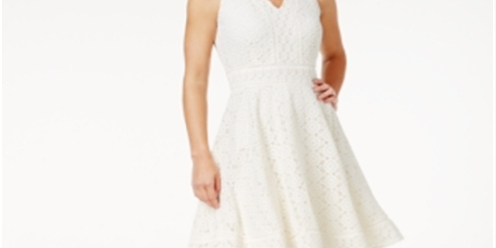 Vestido feminino Charter Club com ajuste evasê e renda, tamanho pequeno e médio, branco