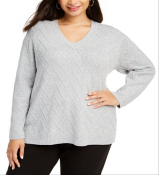 Suéter feminino Calvin Klein Plus com estampa Chevron e gola V cinza, tamanho -0X