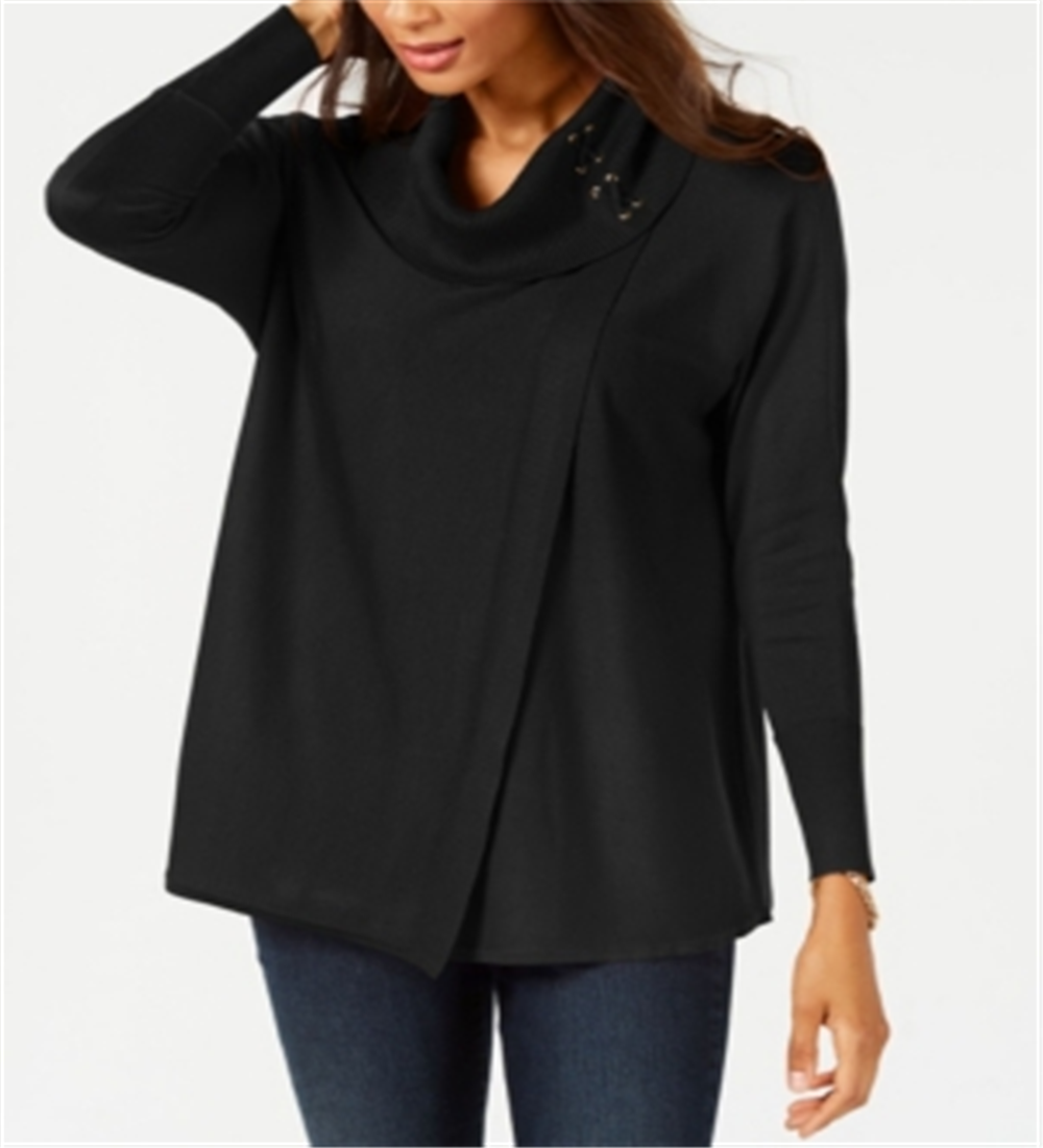 Suéter feminino JM Collection com gola alta e capuz, preto, tamanho médio