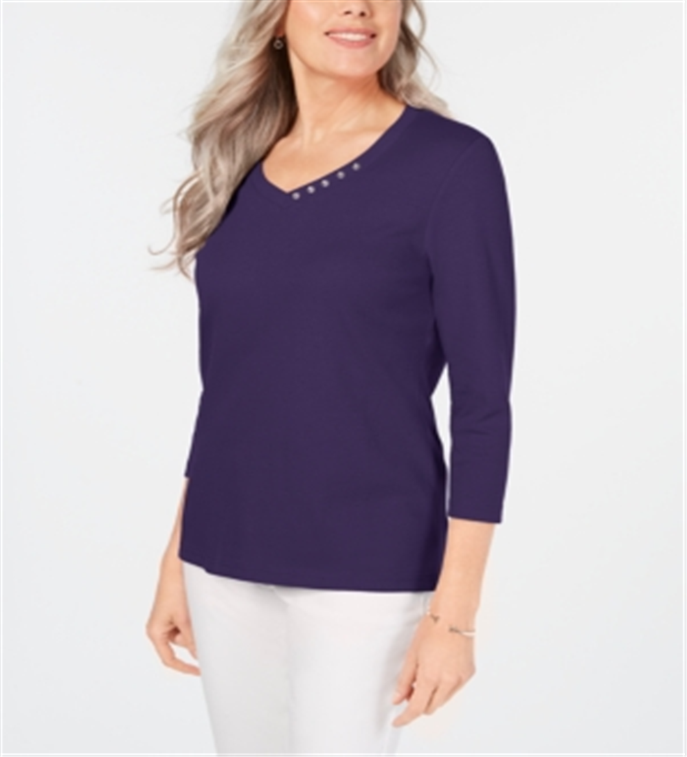 Karen Scott Blusa feminina de algodão com decote em V e acabamento em botões, roxa, tamanho M