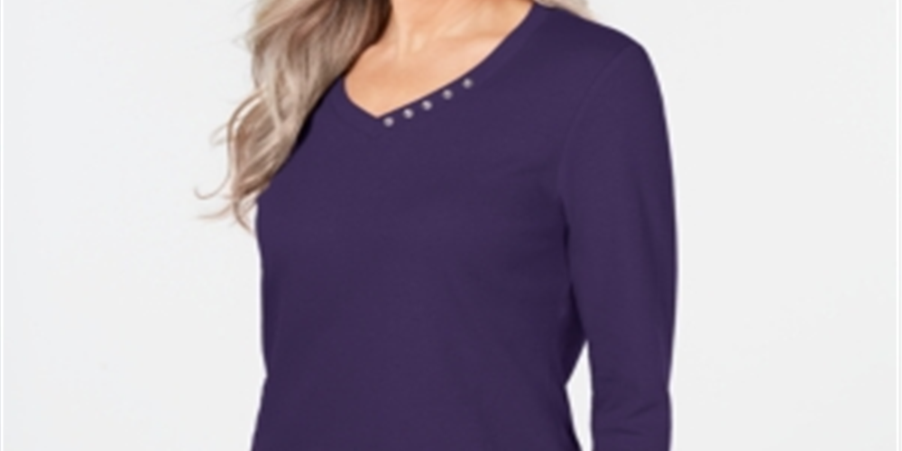 Karen Scott Blusa feminina de algodão com decote em V e acabamento em botões, roxa, tamanho M
