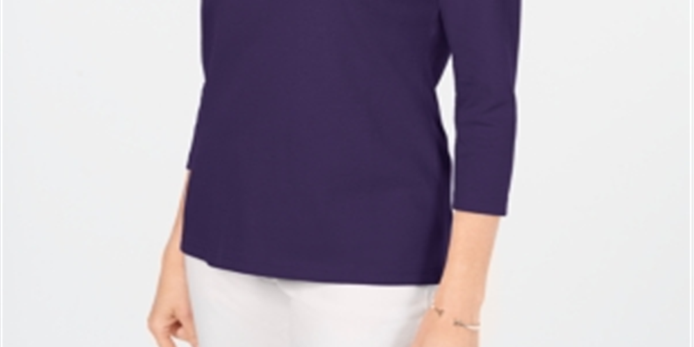 Karen Scott Blusa feminina de algodão com decote em V e acabamento em botões, roxa, tamanho M