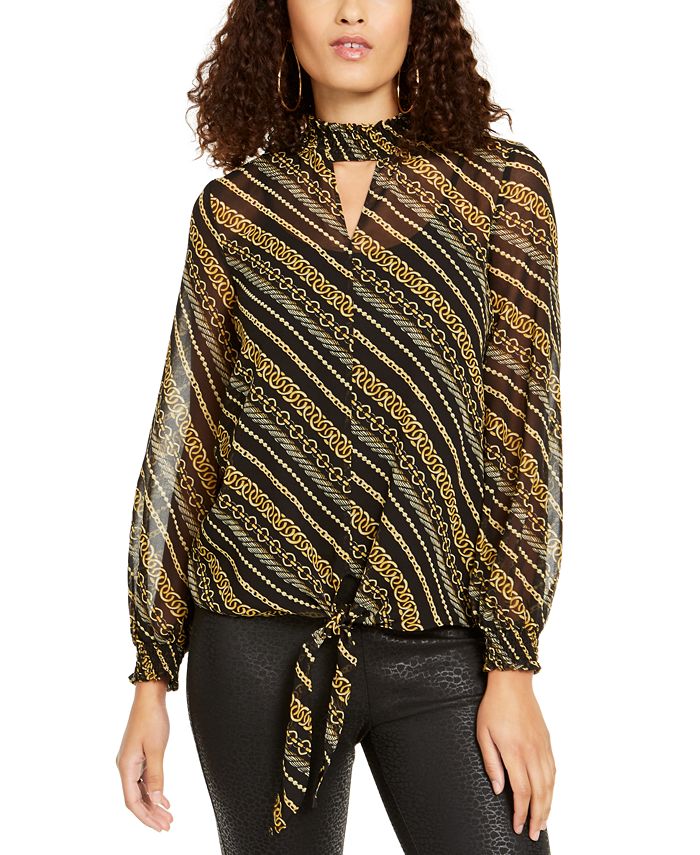 Thalia Sodi Keyhole Tie-Front Top  Diagonal Print Black Size Large