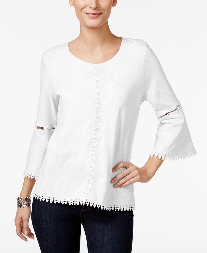 Blusa de manga sino com acabamento em crochê Style &amp; Co, verde, tamanho XS