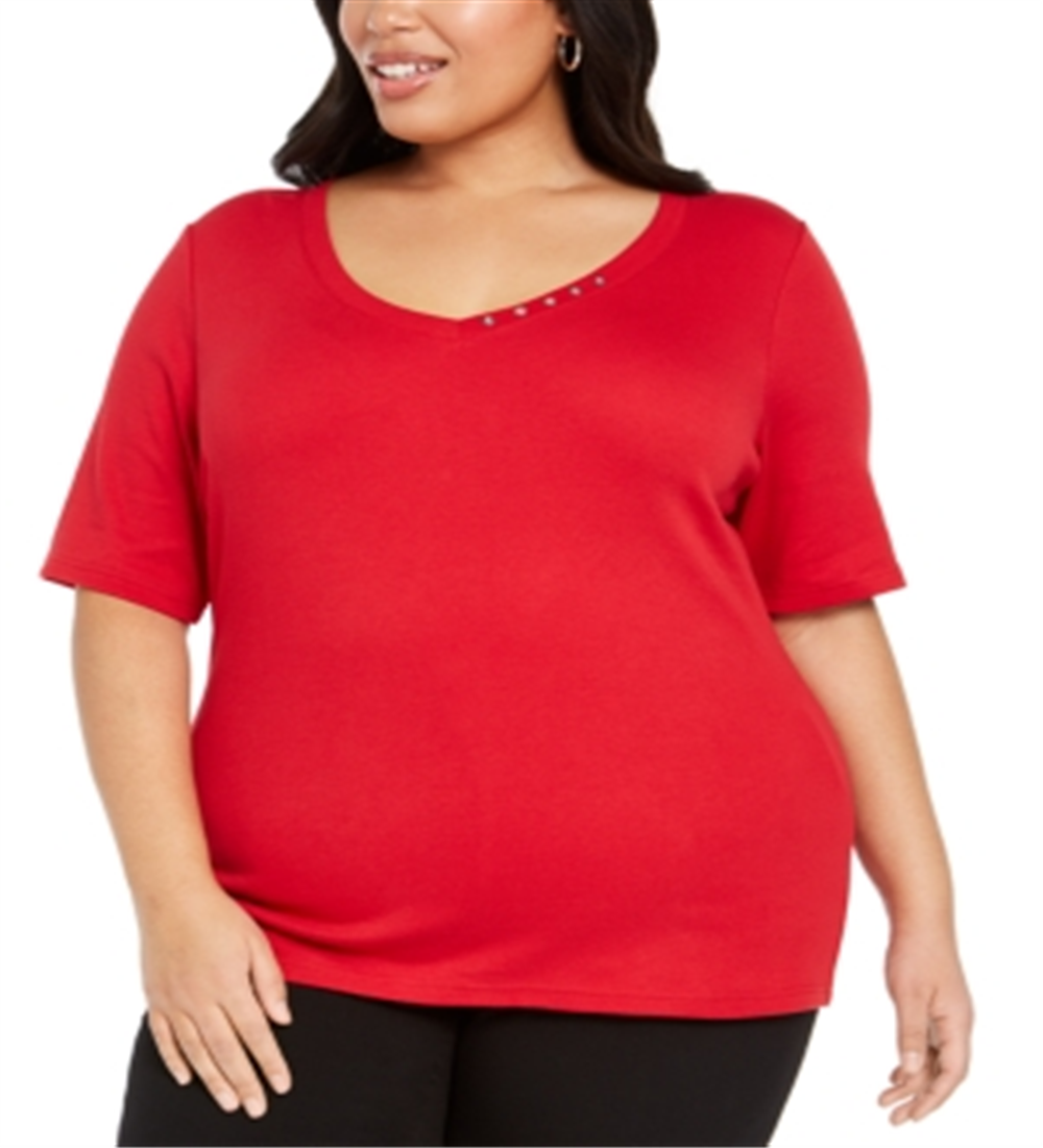 Karen Scott Top feminino plus size de algodão com decote em V, vermelho, tamanho 2XL